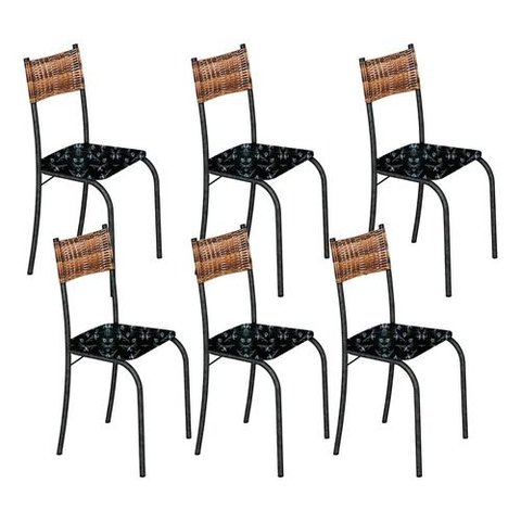 Kit 6 Cadeiras Atlanta Corino Preto Lirio e Rattan Carvalho Tubo Martelado