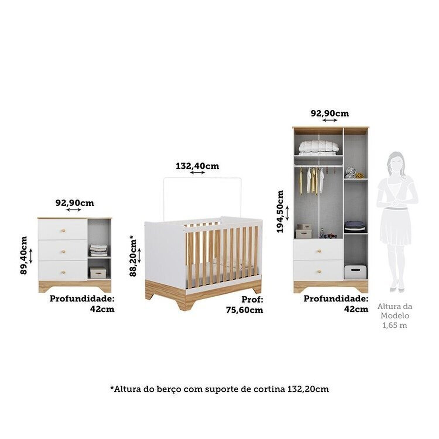 Quarto de Bebê Completo Guarda-roupa e Cômoda e Berço Minicama 100% Mdf Ravy Espresso Móveis - 3