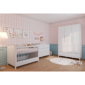 Quarto Bebê Berço Americano Cômoda e Guarda Roupa Infantil Branco Linha Cozy Quater