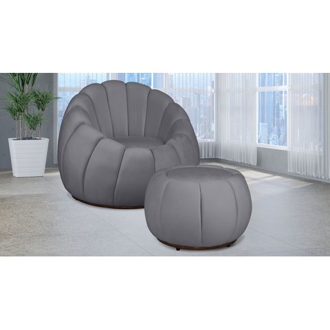 Kit Poltrona Decorativa C/ Puff Concha Veludo Cinza - Londrilar