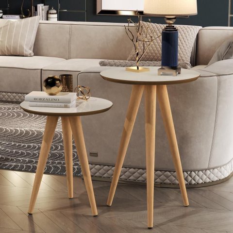 Kit 2 Mesas de Apoio e Lateral Sofá para Sala Maju Retrô Decor:off White