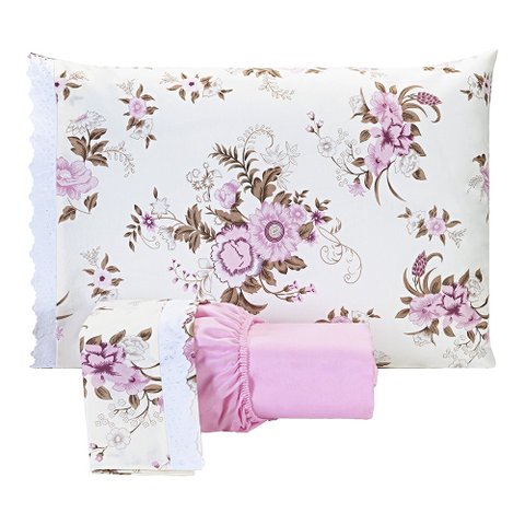 Jogo De Lençol Estampado Solteiro 02 Peças Flores Rosa - Algodão
