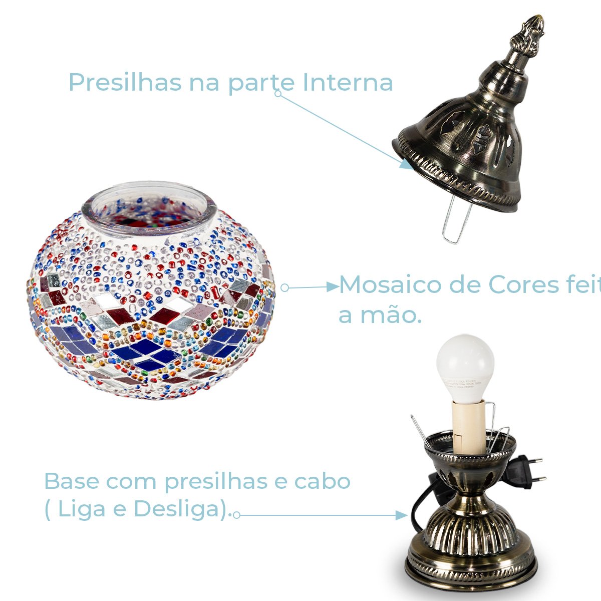Luminária Abajur Turco Mosaico De Vidros Coloridos 29cm Alt. - 2
