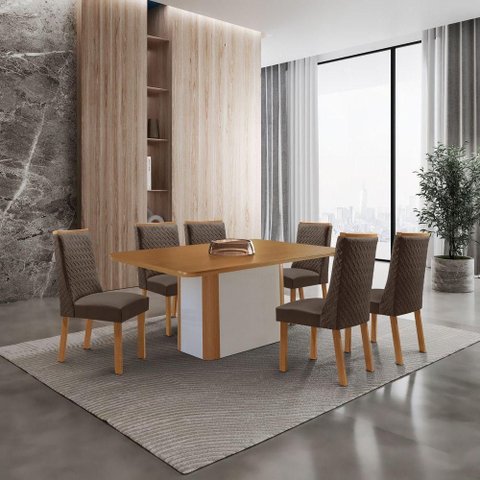 Conjunto de Jantar Isadora 6 Lugares Tampo MDF Cadeiras Carolina Veludo Marrom 180cm Moderna