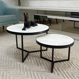 Conjunto Mesa de Centro Redonda Dallas Marmorizado Branco - Preto - 1