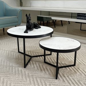 Conjunto Mesa de Centro Redonda Dallas Marmorizado Branco - Preto