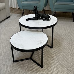 Conjunto Mesa de Centro Redonda Dallas Marmorizado Branco - Preto - 3