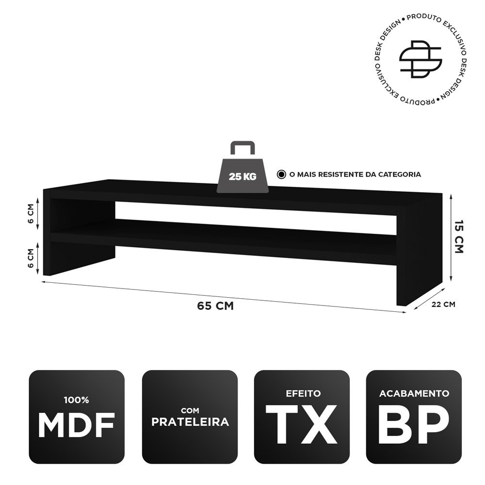Suporte Stand Base Para Tela Monitor Laptop Soft Elevado 65cm em MDF com 01 Prateleira - Desk Design - 4