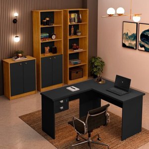 Kit 4 Peças com 1 Mesa L 1 Armário 1 Estante Uma Porta 1 Estante 2 Portas