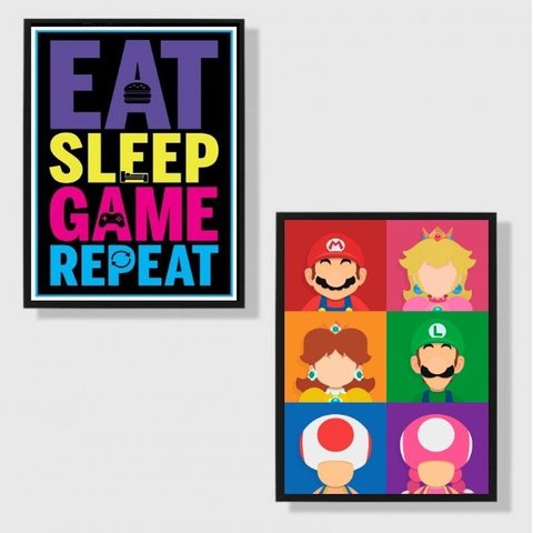 Kit 2 Quadros Eat Sleep Game Repeat Personagens 24x18cm:Madeira branca