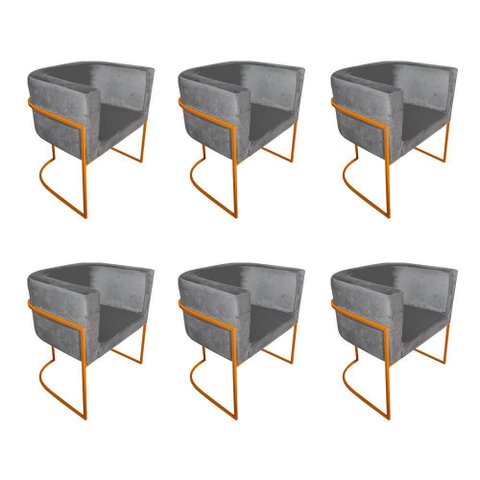 Kit 6 Poltronas Decorativa Sala de Estar Base de Ferro Cobre Veludo Cinza