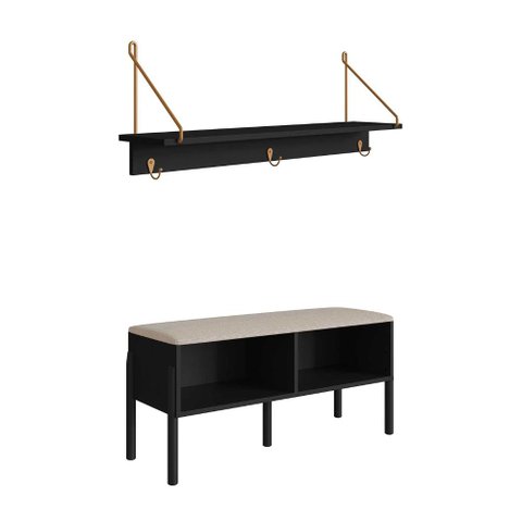 Sapateira Banco Estofado 93cm e Prateleira com 3 Ganchos Cor:nero