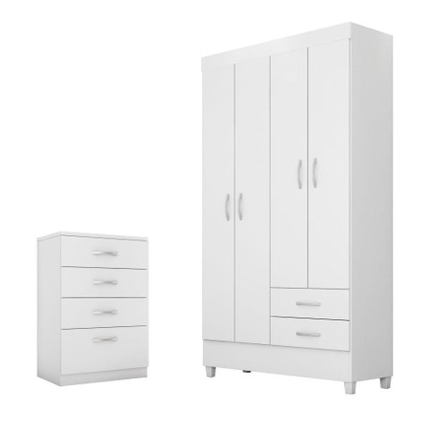 Conjunto de Guarda Roupa e Cômoda Milan para Quarto Branco