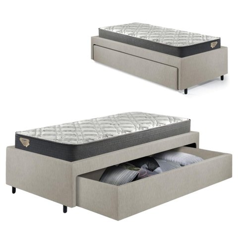 Base Box Cama Solteirão Sapateira Courino Linho Areia e Colchão Adapto Ecoflex 96x203