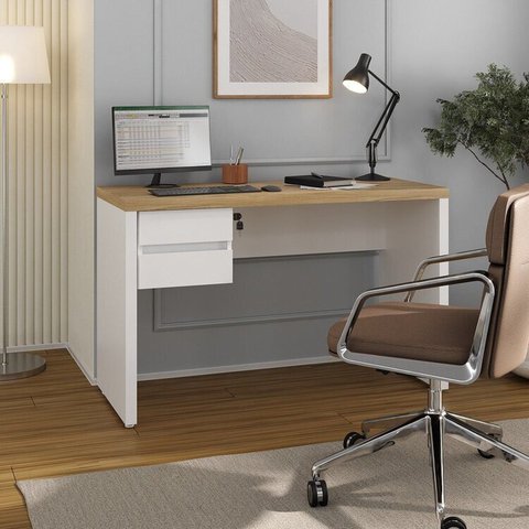 Escrivaninha Mesa Escritório Minimalista Toq com com Chave 2 Gavetas 120cm Olmo e Branco Artany