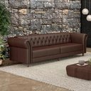 Ver imagem 1 de Sofá Living Sala de Estar Stanford Chesterfield 3 Lugares 260cm Pés de Madeira Couro Marrom Brilho G