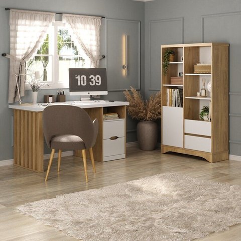Conjunto 2 Peças com Escrivaninha Florence com Pés Ripado e Estante Multiuso Space Olmo Branco Bege Artany