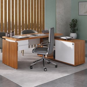 Mesa para Escritório em L Diretor com Armário e 2 Gavetas