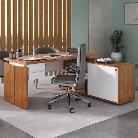 Escrivaninha Mesa Escritório em L Diretor com Armário e 2 Gavetas 170cm Freijó E Branco