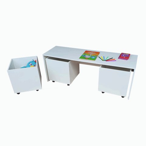 Mesinha com 3 baús com rodízios organizador brinquedos infantil em MDF