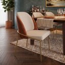 Ver imagem 1 de Cadeira Decorativa Sala Jantar Aurora Base Gold Linho Bege /Courino Caramelo - Montanaris Decor
