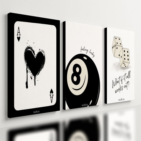 Kit 3 Quadro Decorativo Baralho Sinuca Dados Sorte Quarto Qualidade Premium Moderno 28x20cm