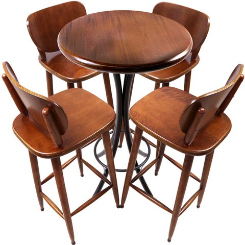 Conjunto de Mesa Bistro Redonda em Madeira com 4 Banquetas para Varanda Pequena