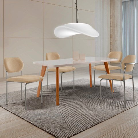 Conjunto Sala de Jantar Mesa Malta 120cm Tampo Laqueado Vidro Canto Moeda e 4 Cadeiras Marchezine