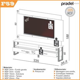 Rack com Painel para Tv Estilo Industrial 2,20m até 65" 100% Mdf F59 Pradel Móveis Dalla Costa Freij - 2