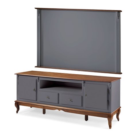 Conjunto Rack 60503m + Painel 50513 para Sala Pés Luiz Xv 2 Gavetas 2 Portas - Cinza/imbuia