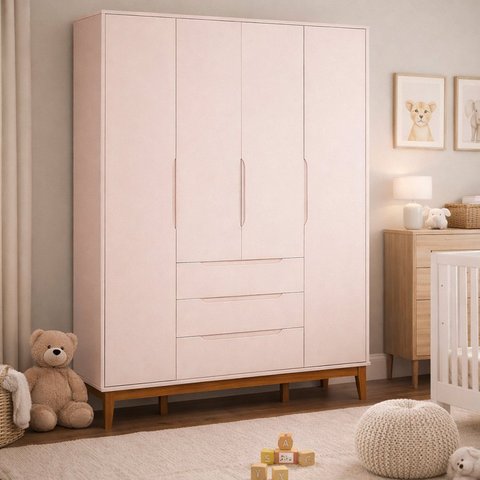 Roupeiro Elfe Classic 4 Portas 3 Gavetas Rosa Fosco - Moveisaqui