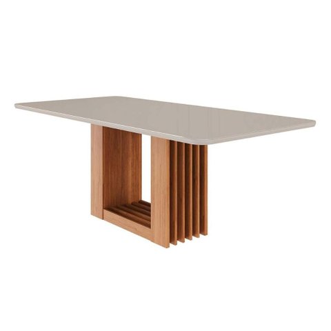 Mesa de Sala Jantar Ariela C/ Tampo Madeirado Vidro Reto 210x100cm Cinamomo/off White - Cimol