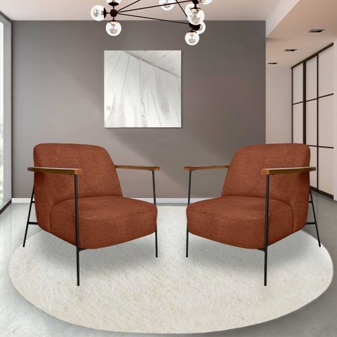 Kit 2 Poltronas Sala de Estar Pés em Ferro Preto Braço Madeira Maciça 86cm Thane Bouclê Terracota G6