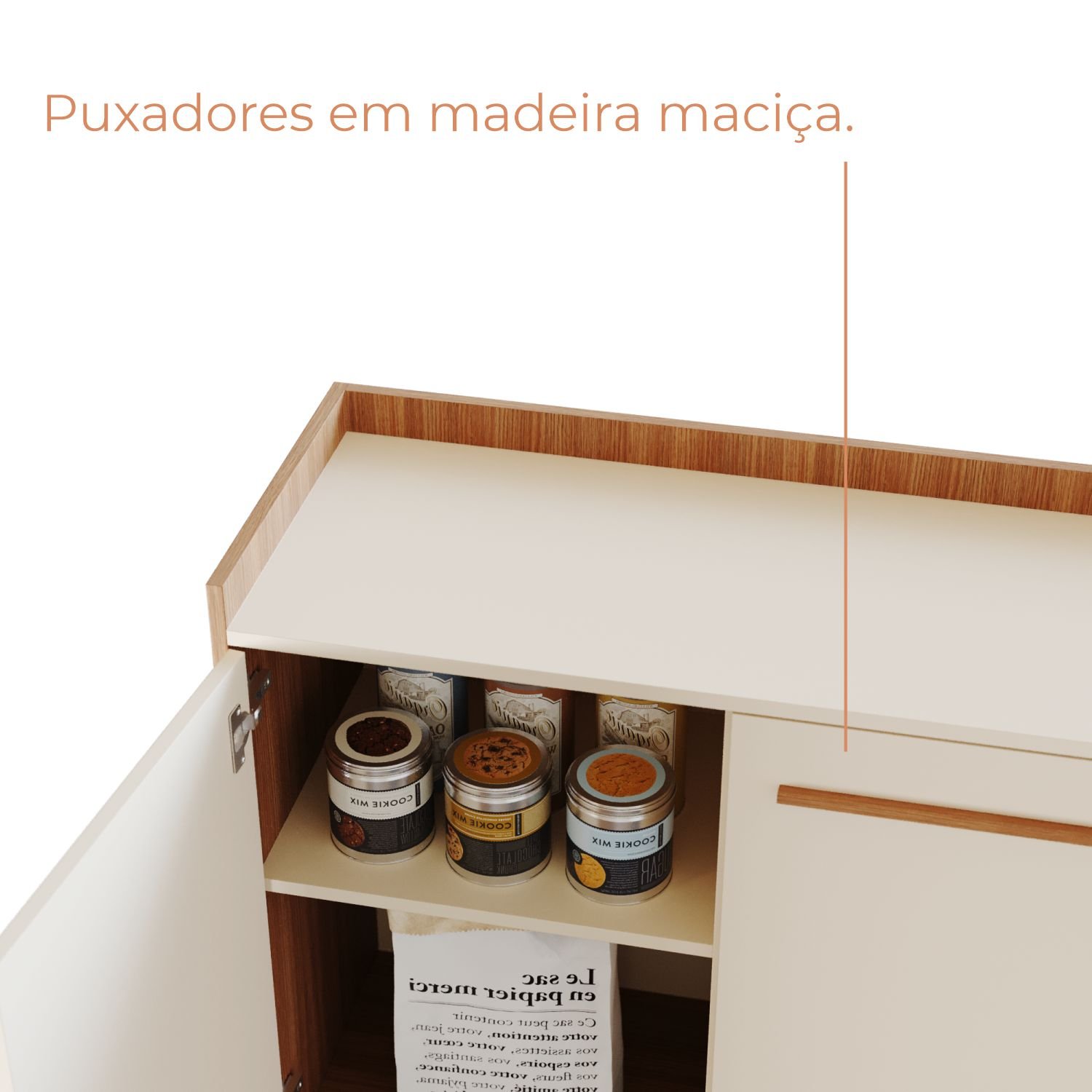 Buffet Aparador Lo Três Portas Com Pés de Madeira Retrô - Cinamomo / Off White - 6