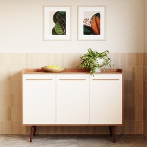 Buffet Aparador Lo Três Portas Com Pés de Madeira Retrô - Cinamomo / Off White