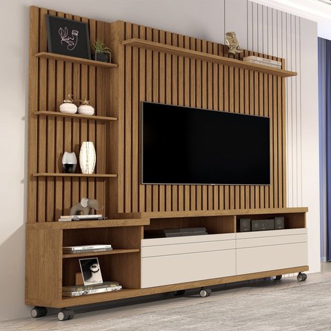 Estante e Home Theater Ripado para TV até 60 Polegadas MDF 180cmx190cm Nobre Marrom Freijó/Off White