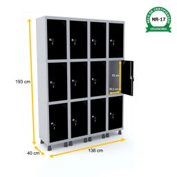 ROUPEIRO DE AÇO 4M 12 PORTAS FECHADURA PANDIN - CINZA/PRETO - 2