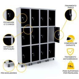 ROUPEIRO DE AÇO 4M 12 PORTAS FECHADURA PANDIN - CINZA/PRETO - 3