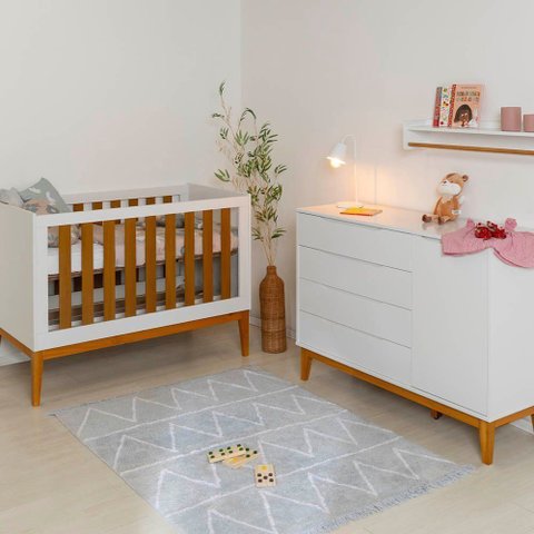 Kit Quarto Infantil Noah com Pés Square Mel - Berço Mini Cama + Cômoda Elfe 4 Gavetas e 1 Porta - Br