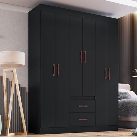 Guarda-roupa Solteiro Montevidéu 6 Portas 2 Gavetas Preto - Doripel Móveis