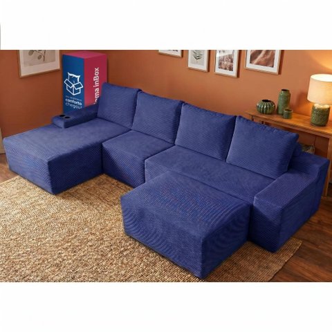 Sofá Evo 3,40m Molas Ensacadas com Apoio Chaise Lounge Esquerda Velourê Azul Cama Inbox