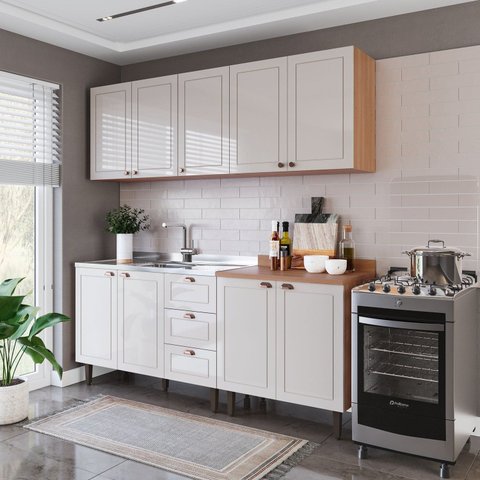 Cozinha Pérola 200cm 4 Peças Off White/Freijó Yescasa