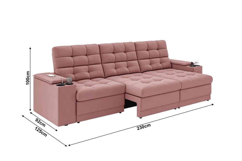 Sofá Confort Premium 2,30m Assento Retrátil/reclinável Porta Copos e Usb Suede Nude - Xflex Sofas - 2