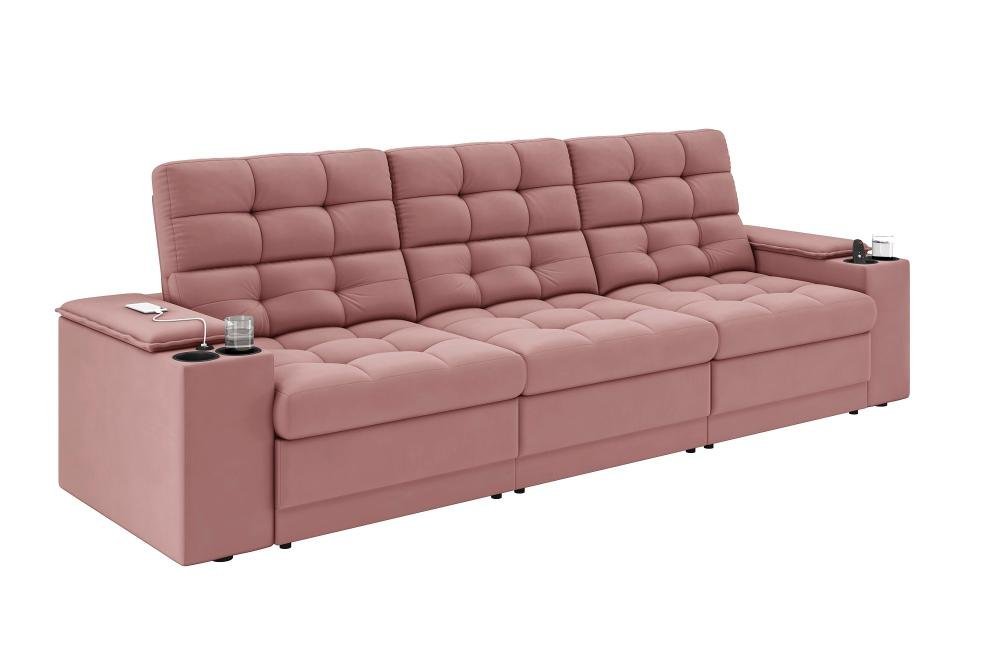 Sofá Confort Premium 2,30m Assento Retrátil/reclinável Porta Copos e Usb Suede Nude - Xflex Sofas - 4