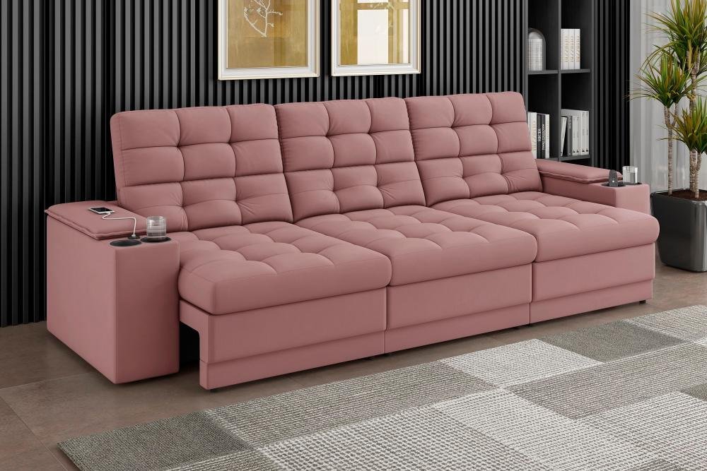 Sofá Confort Premium 2,30m Assento Retrátil/reclinável Porta Copos e Usb Suede Nude - Xflex Sofas