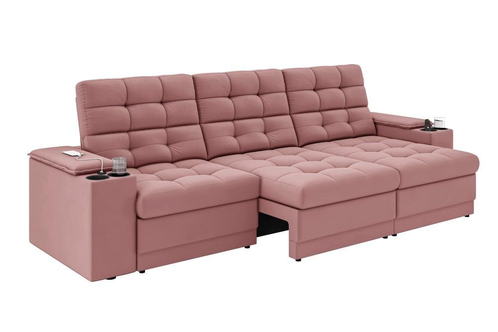 Sofá Confort Premium 2,30m Assento Retrátil/reclinável Porta Copos e Usb Suede Nude - Xflex Sofas - 3