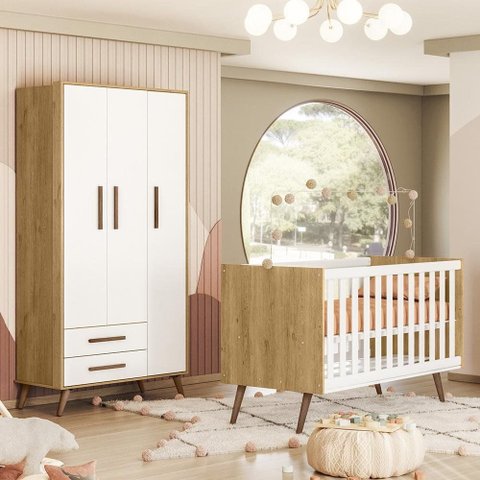 Quarto de Bebê com Berço Americano 3820 e Roupeiro 3830 Qencanto Retrô Qmovi Freijó Branco Acet + Co