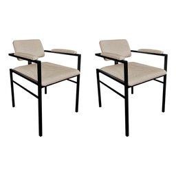 Kit 2 Cadeiras Industrial Ferrara com Braço Estofado em Linho Bege - 1 Kit 2 Cadeiras Industrial Ferrara com Braço Estofado em Linho Bege - 1