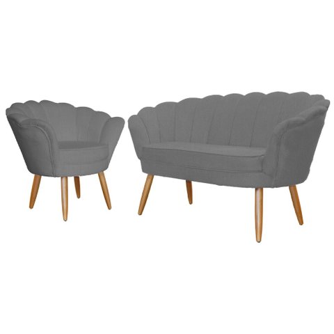 Kit Namoradeira + 1 Poltrona Decorativa Pétala Suede Cinza Pés Madeira Ms Decor