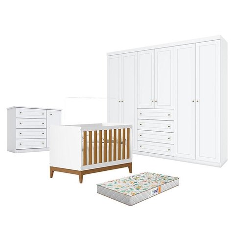 Quarto de Bebê Americano 6 Portas com Berço Americano Flip Branco Acetinado Savana Reller e Colchão 